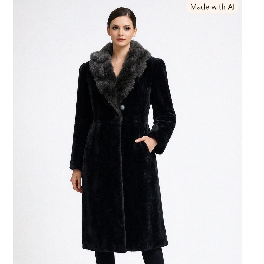 American Signature Faux Fur Coat Black Vintage Glam Long Shawl Collar USA Chic L
